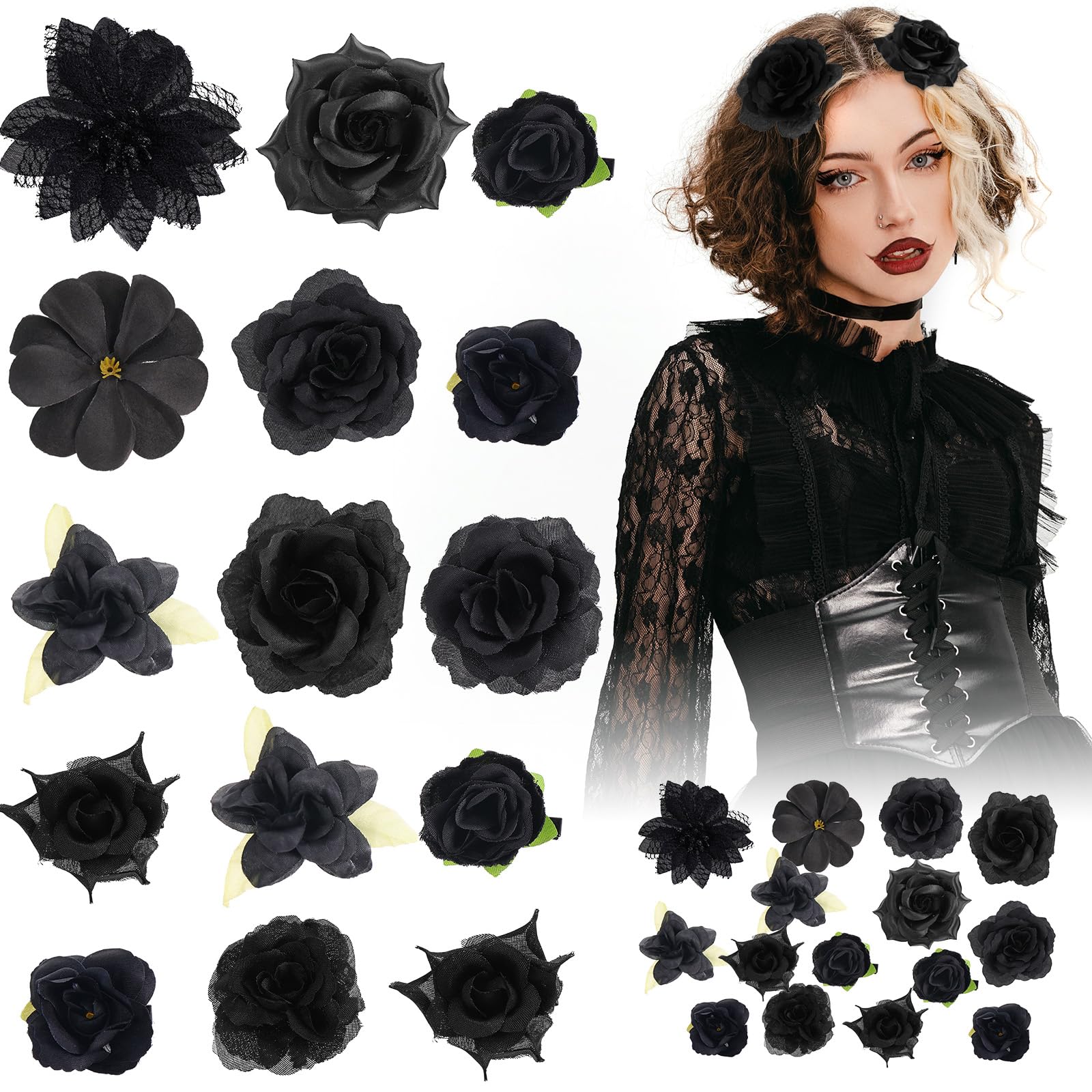 21 Pieces Flower Hair Clips Rose Flower Hair Barrettes Boho Bride Claw Clip Hawaiian Artificial Flower Hairpin Clip Brooch Pin Headpiece Hair Accessories for Girls Wedding Party Halloween (black)