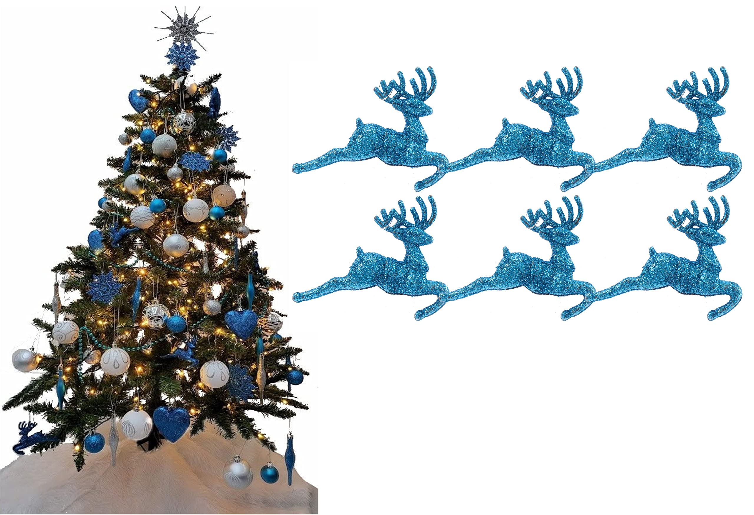 Pack of 6 - Hanging Glitter Reindeer Christmas Tree Decorations - 2.2cm x 9.5cm (Turquoise)