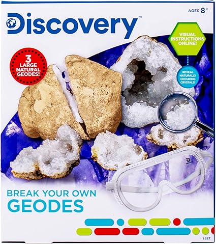 Amazon Com Discovery Break Your Own Geodes By Horizon Group Usa Stem Science Activity Kit Break 3 Real Geodes Discover Hidden Crystals Learn Excavation Methods Magnifying Glass Safety Goggles More Included Toys Games