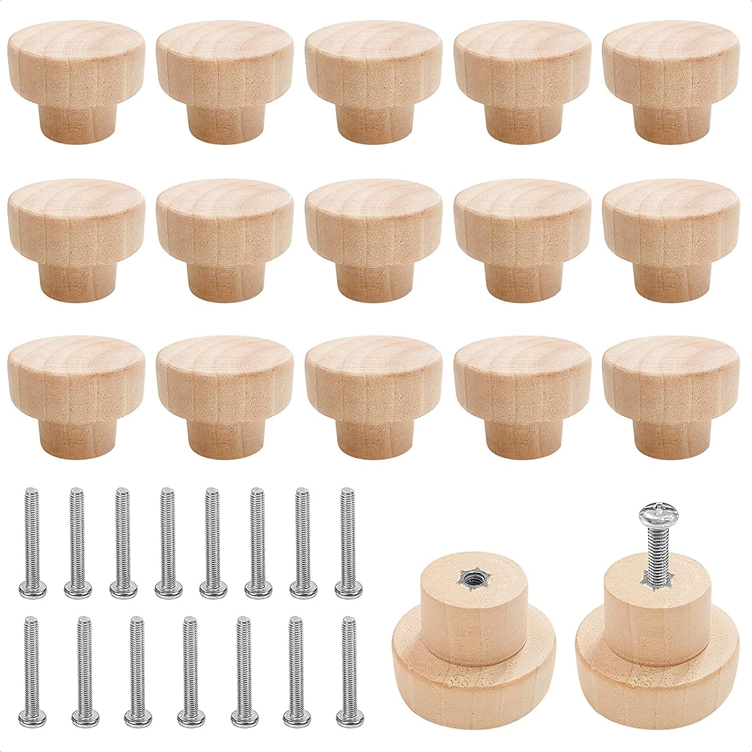 MOSNOW 15 Pcs Wood Drawer Knobs with Screws - Round Cupboard Handles for Kitchen, Wardrobe & Furniture - 25 x 35 mm