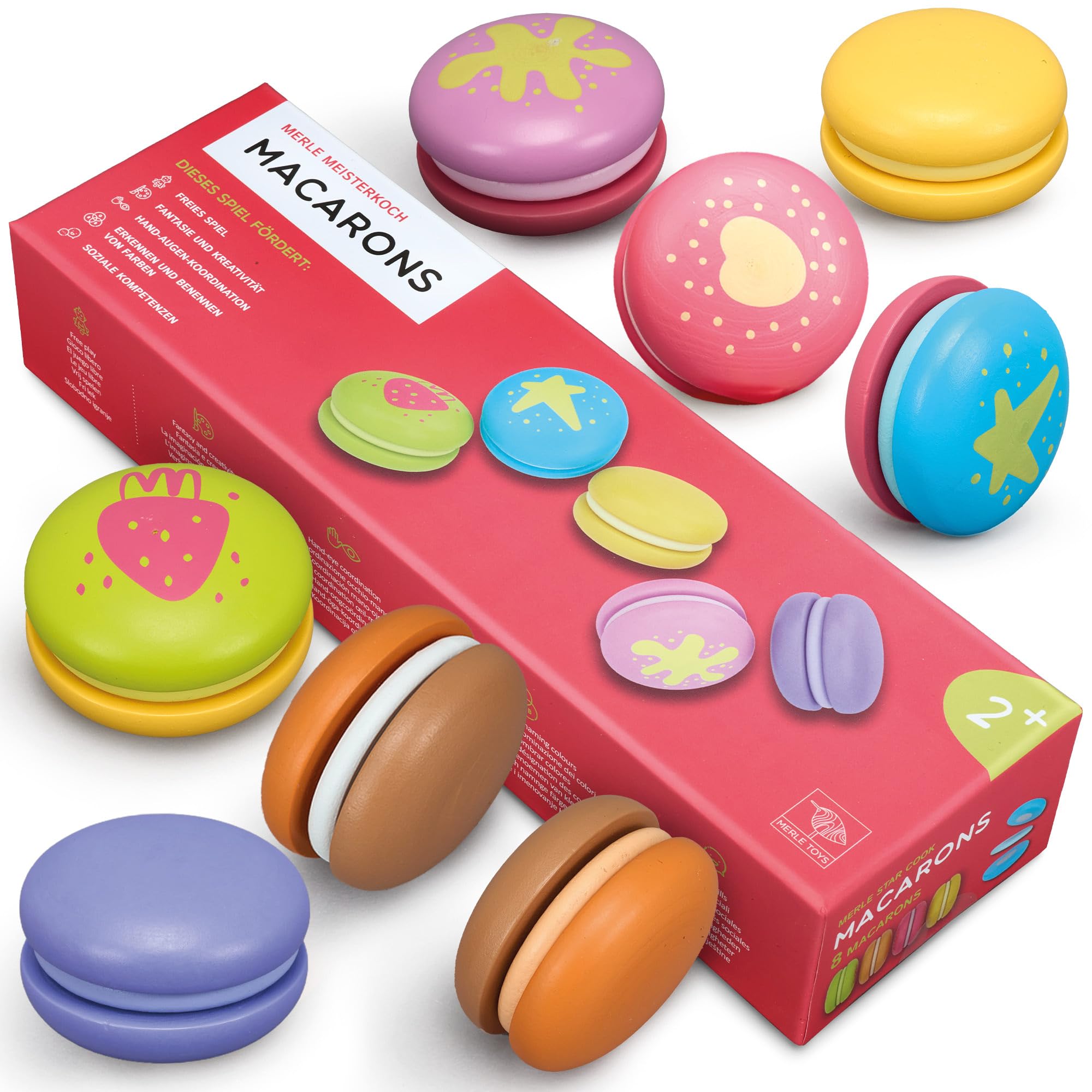 MERLE TOYS – Macarons: Montessori Toy for Children Aged 2, 3, 4 Years, Children's Kitchen Accessory, Ideal Wooden Toy for Play Kitchens and Shops, 8 Colourful Macarons
