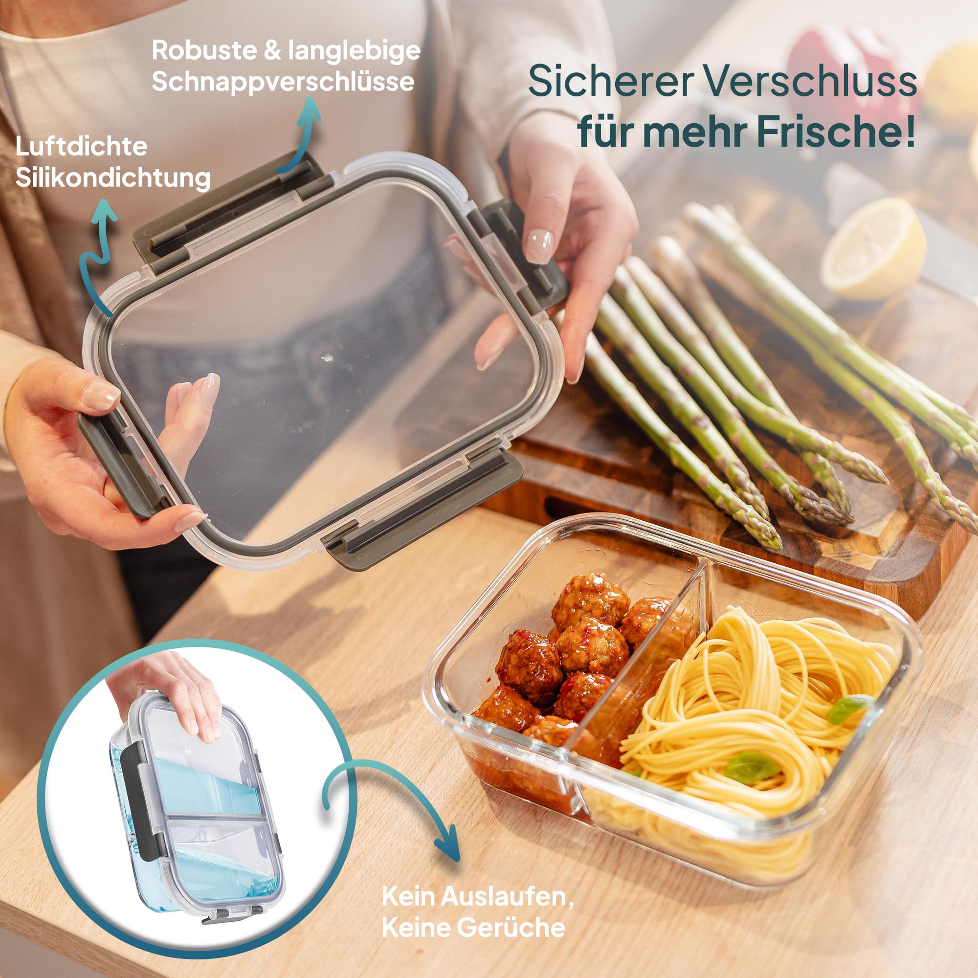 uandu Glasbehälter mit Deckel, 10- teilig, mit 2 Fächern, Borosilikatglas mit Deckel, Meal prep Gläser, Frischhaltedosen Glas mit Deckel, Glasdosen mit Deckel Set, Meal prep Boxen 5 Behälter+5 Deckel 3