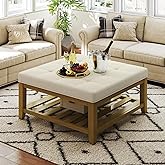 Befurtori Large Square Ottoman Coffee Table, Linen Solid Upholstered Footrest Ottoman with Solid Wood Shelf Storage Tufted Co