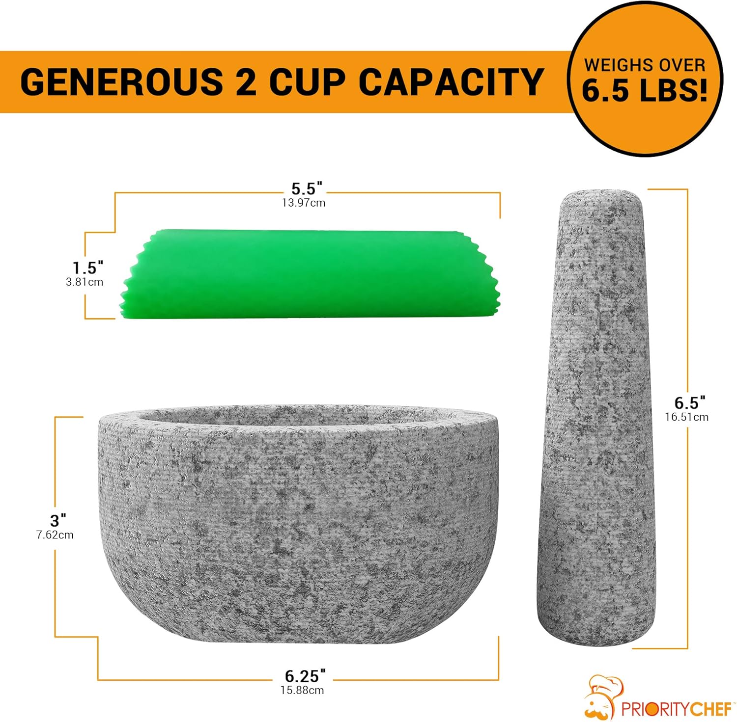 PriorityChef Mortar and Pestle Set, Unpolished Natural Granite, Large 2 Cup Capacity Guacamole Bowl, Silicone Garlic Peeler Included: Kitchen & Dining