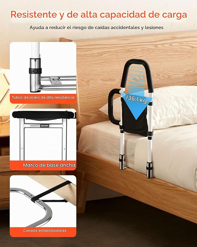 Barandilla de Cama de 610 x 400 x 645 mm, con Asa Lateral y Pasamanos de PU, Tubo de Acero al Carbono para Personas Mayores, Compatible con Camas King, Queen, Matrimoniales e Individuales