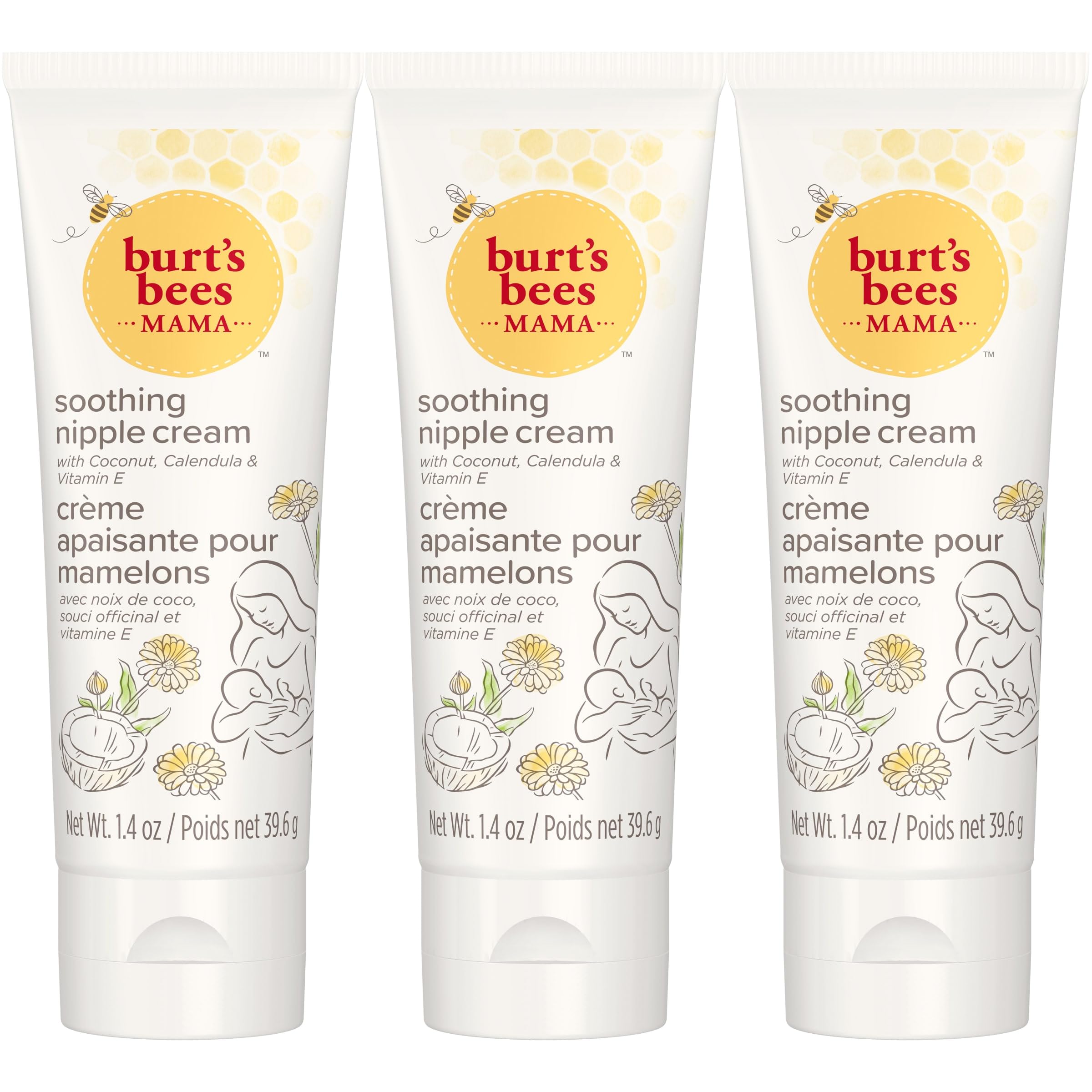 Burts Bees Mama Soothing Nipple Cream with Coconut, Calendula and Vitamin E, 100% Natural Origin, 1.4 Ounces, Pack of 3