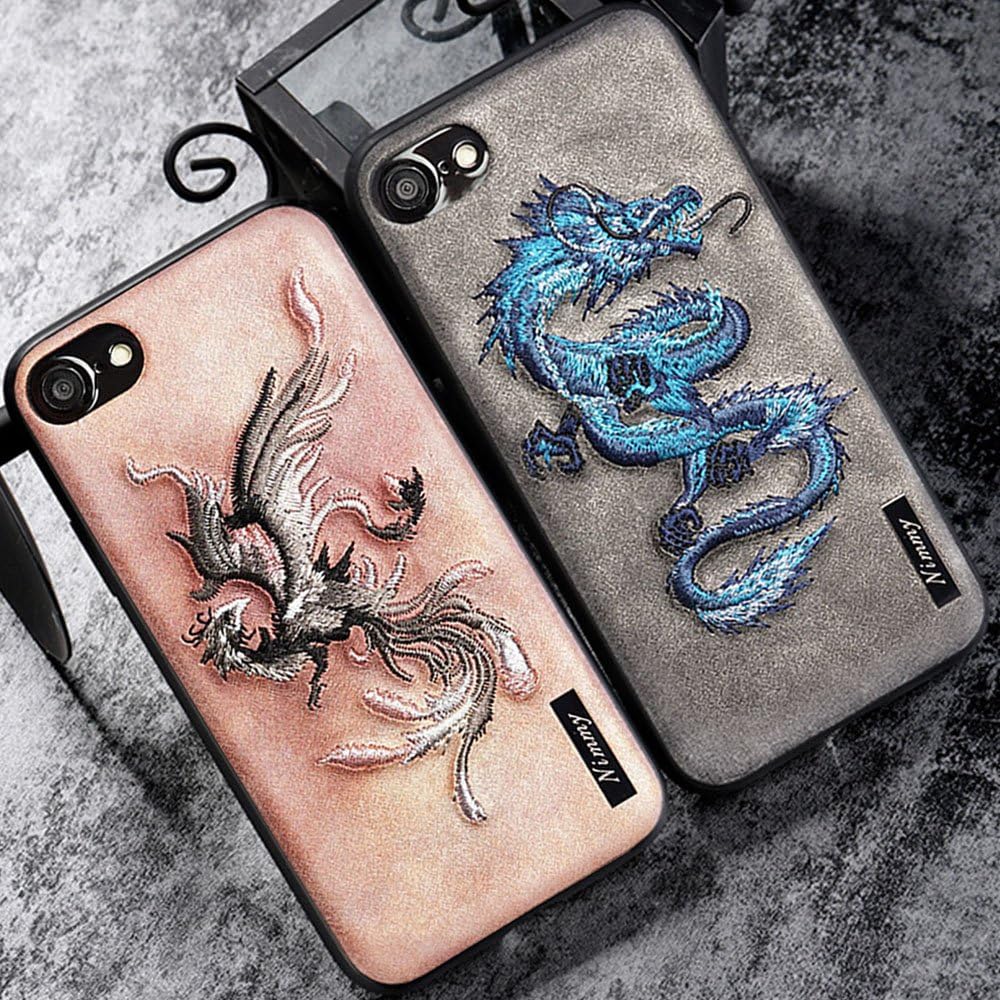 MayAi Couple Matching iPhone 7 Plus Case Blue Dragon Embroidered Gel Case, iPhone 8 Plus Case Silicone, Leather Resistant Back Cover, Protective Flexible TPU Case