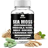 SAHAK Organic Sea Moss Capsules with Ashwagandha, Rhodiola, Panax Ginseng & Burdock Root – 90 Vegan Capsules, Lab Tested | Irish Sea Moss Complex for Daily Wellness, Energy & Skin Support