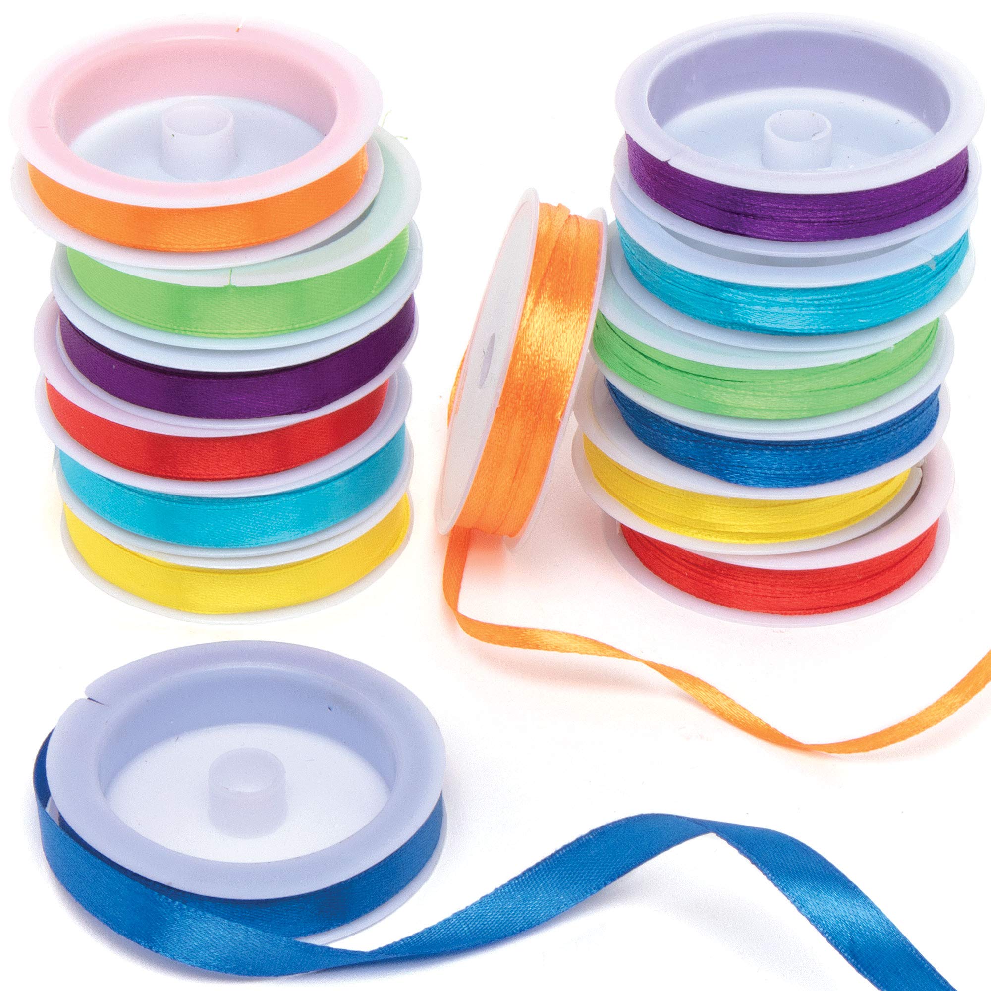 Baker Ross AT709 Rainbow Colours Satin Ribbon Value Packs - Pack of 14, Creative Art and Craft Supplies and Essentials for Adults and Kids to Make, Personalize, Gift Wrap and Decorate Projects