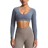 Aoxjox Long Sleeve Crop Tops for Women Stacey V Neck Workout Athletic Gym Cropped T Shirt Top