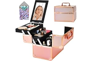GALHUBIS Makeup Train Case, Portable Makeup Case with Mirror, 2-Trays Cosmetic Organizer Case,Nail Polish Organizer, Travel Makeup Box, Profesional for Salon Barber, Rose Gold