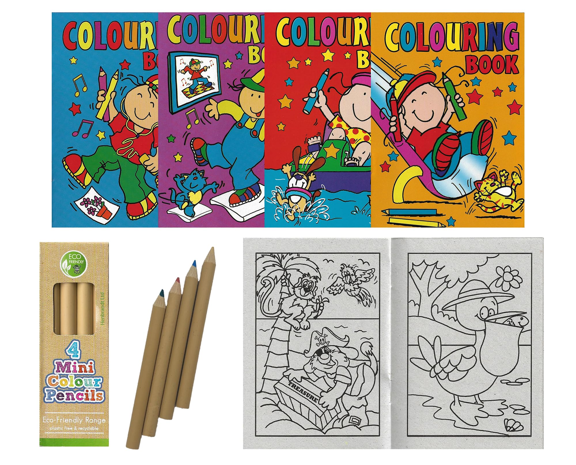 ihoot Pack of 12 A6 Kids Colouring Books and 12 Packs of Colouring Pencils | Mini Colouring Books for Party Bags in Assorted Designs, Childrens Party Bag Fillers for Toddlers