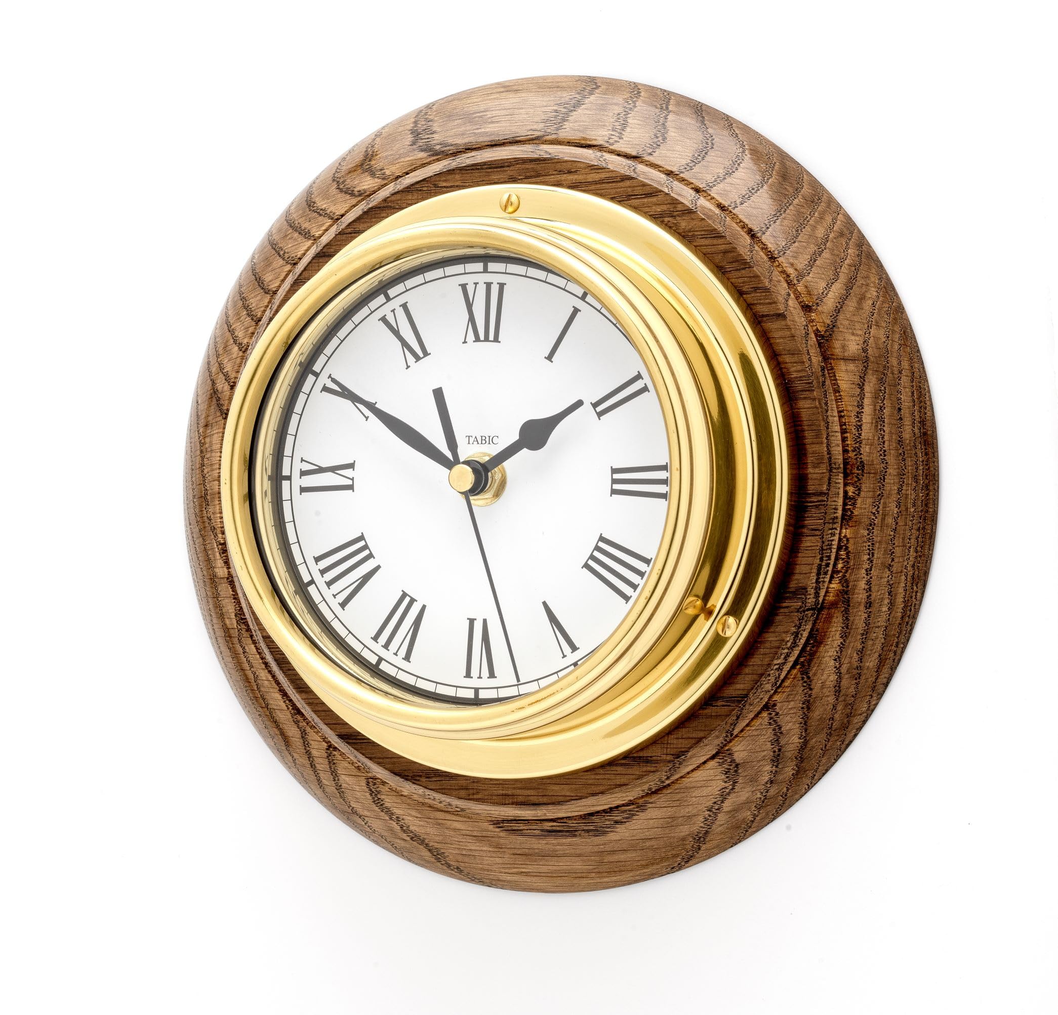 Tabic Classic Brass Roman Clock on an English Oak wall Mount, Heavy Lacquered Brass Case (1/2kg), Ships Sailing Boat Clock, Handmade in England