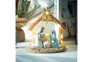 BUTITNOW Nativity Scene with Lights, Sculpted Hand Painted Nativity Figure - First Christmas Story Decoration Holiday Manger Little People Nativity Set for Indoor Home Display, Tabletop