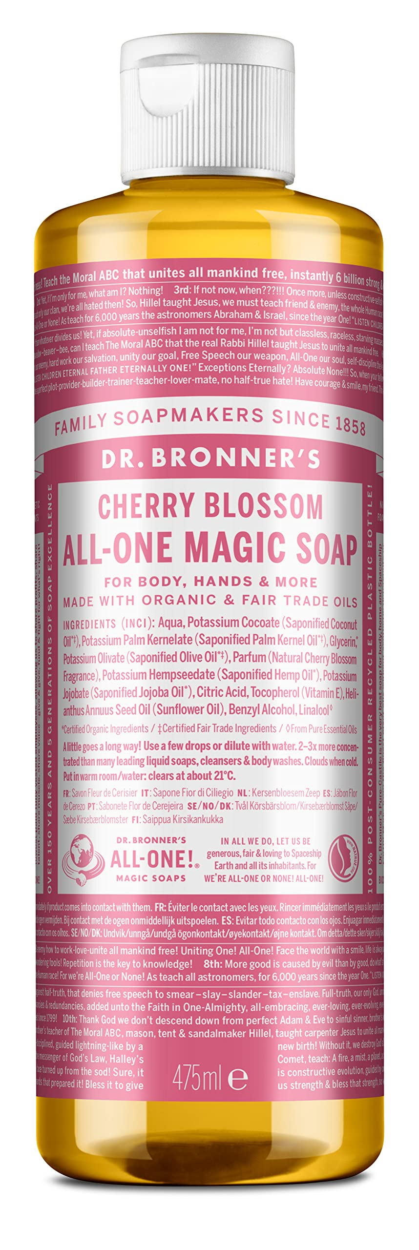 Dr Bronner's 18-in-1 Cherry Blossom Pure-Castile Liquid Soap, Used for Face, Body, Hair, Laundry, Pets and Dishes, Certified Fair Trade & Vegan Friendly, 240ml Recycled Bottle