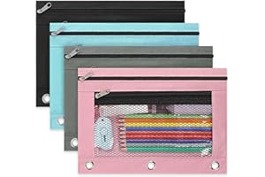 KONVINIT 4 Pack Pencil Pouches for 3 Ring Binder, Pencil Case with 2 Zipper Pockets and Clear Window, Big Capacity Pencil Bag for Students and Boys Girls, Fabric Zipper Pouch for Classroom