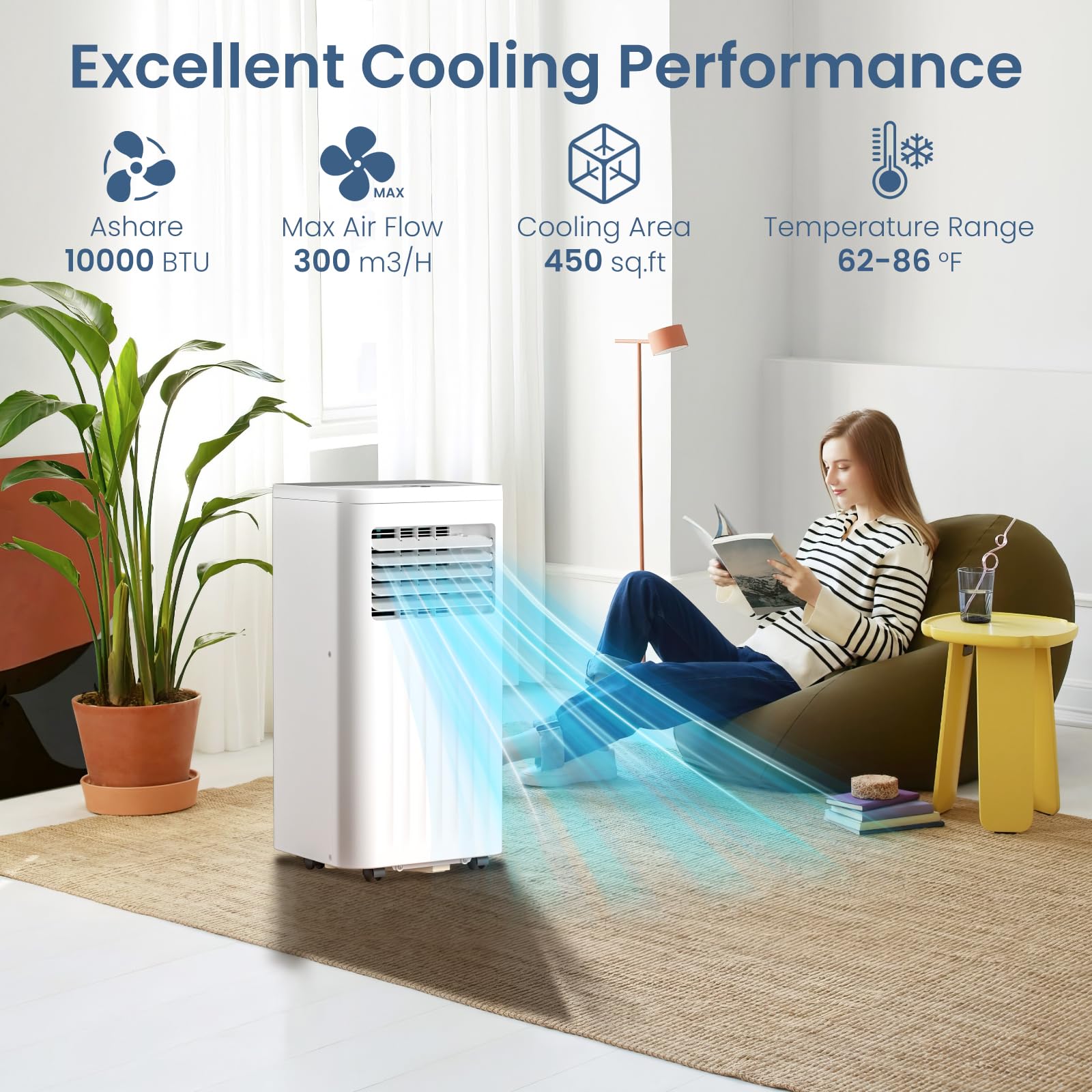 ZAFRO Portable Air Conditioners, 10000 BTU, 3 in 1 Portable AC Unit with Window Kits, Fan & Dehumidifier Modes, Cools up to 450 Sq.Ft, LED Display/Remote Control, 24H Timer for Living Room, Bedroom