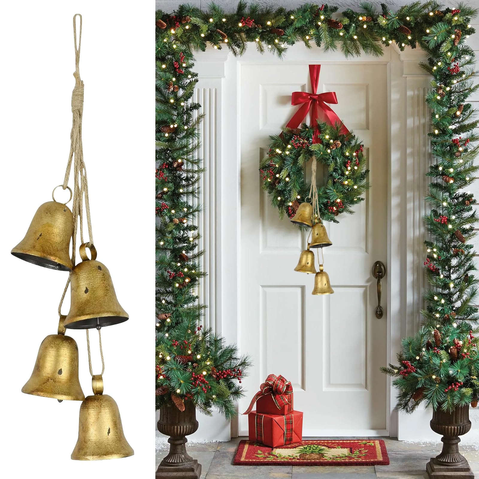 4 Pcs Vintage Cow Bells Decoration for Christmas, Rustic Metal Hanging Bells Ornament for Christmas Tree, Staircase Railing, Door, Garden (Type-1)