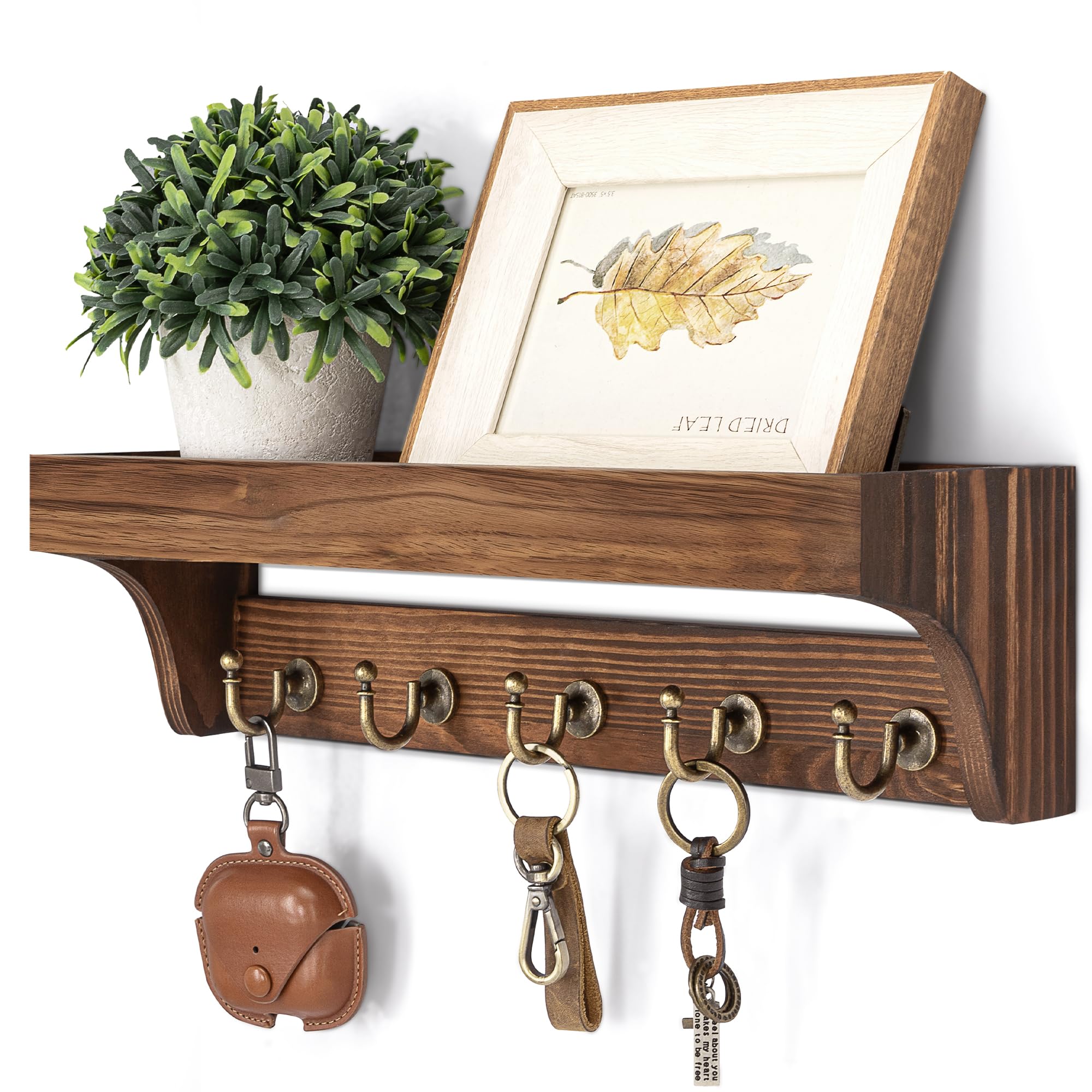 Photo 1 of Rebee Vision Pine Wood Key Holder Wall Mount - Multifunctional Key Holder for Wall with Hooks and Shelf for Mail, and Hats - Perfect for Home and Office Organization (Vintage Brown)