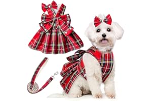 PETCARE Cute Dog Dress Clothes for Small Dogs Cats Girl Female Red Plaid Bow Tie Dog Harness Dresses Leash Set with Pearls Bow Accessories Birthday Puppy Dress Shih Tzu Yorkies Chihuahua Outfits