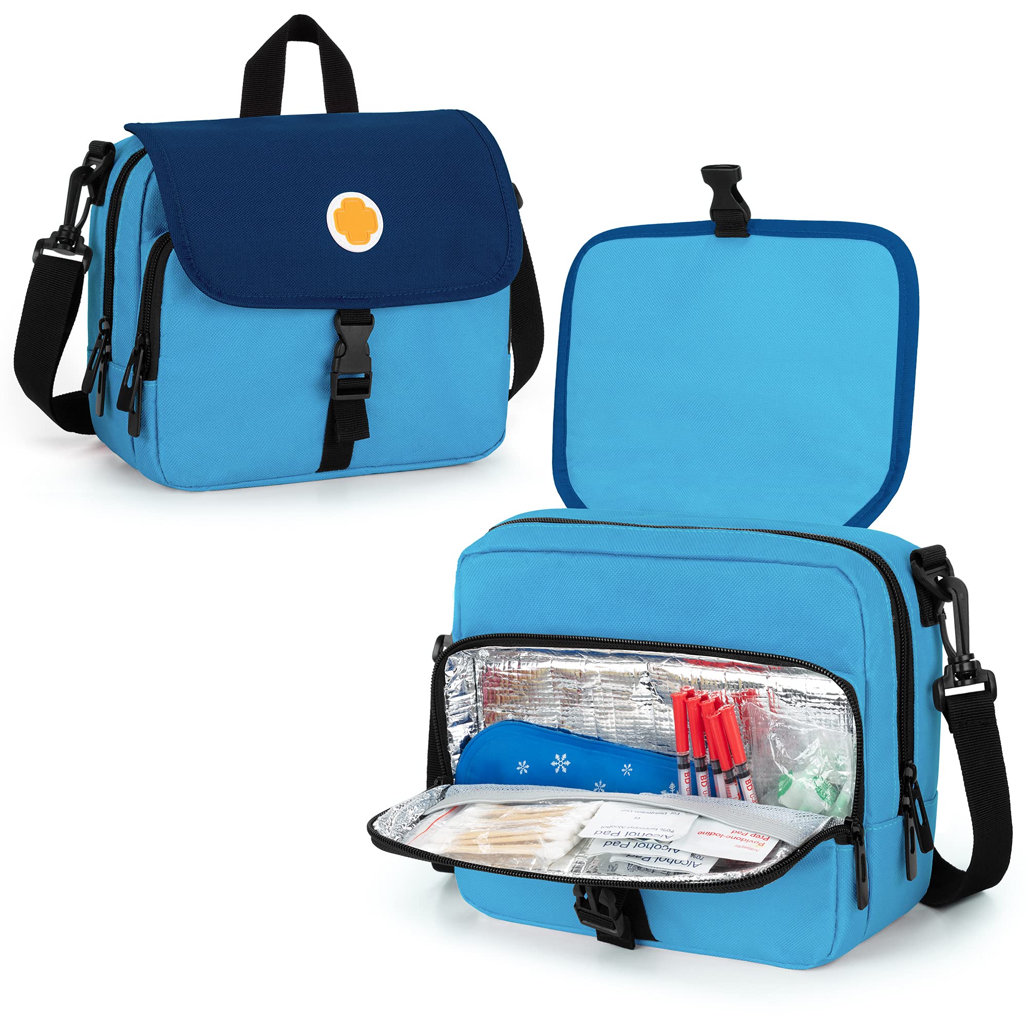 CURMIO Insulin Cooler Travel Case, Portable Diabetic Supplies Organizer with Insulated Pocket and Shoulder Strap for Insulin Pens and Diabetic Supplies, Blue