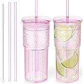 Luiaiog Glass Cups with Lids and Glass Straws, High Borosilicate 20OZ Pink Tumblers (2Pcs) for Coffee, Tea, Juice, Smoothies, Hot & Cold Drinks at Home/Office