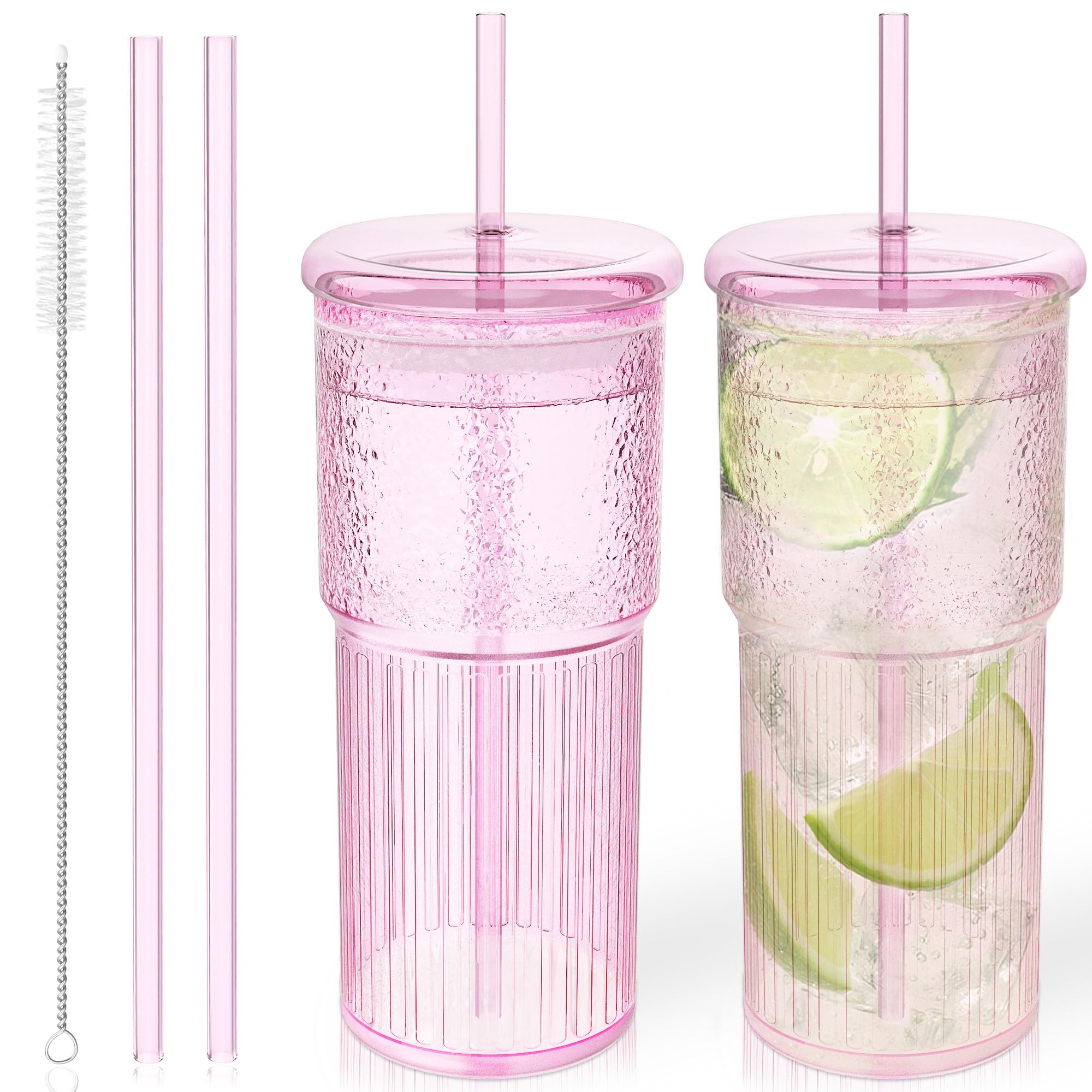 Photo 1 of *** ONLY ONE CUP*** Luiaiog Glass Cups with Lids and Glass Straws, High Borosilicate 20OZ Pink Tumblers (2Pcs) for Coffee, Tea, Juice, Smoothies, Hot & Cold Drinks at Home/Office