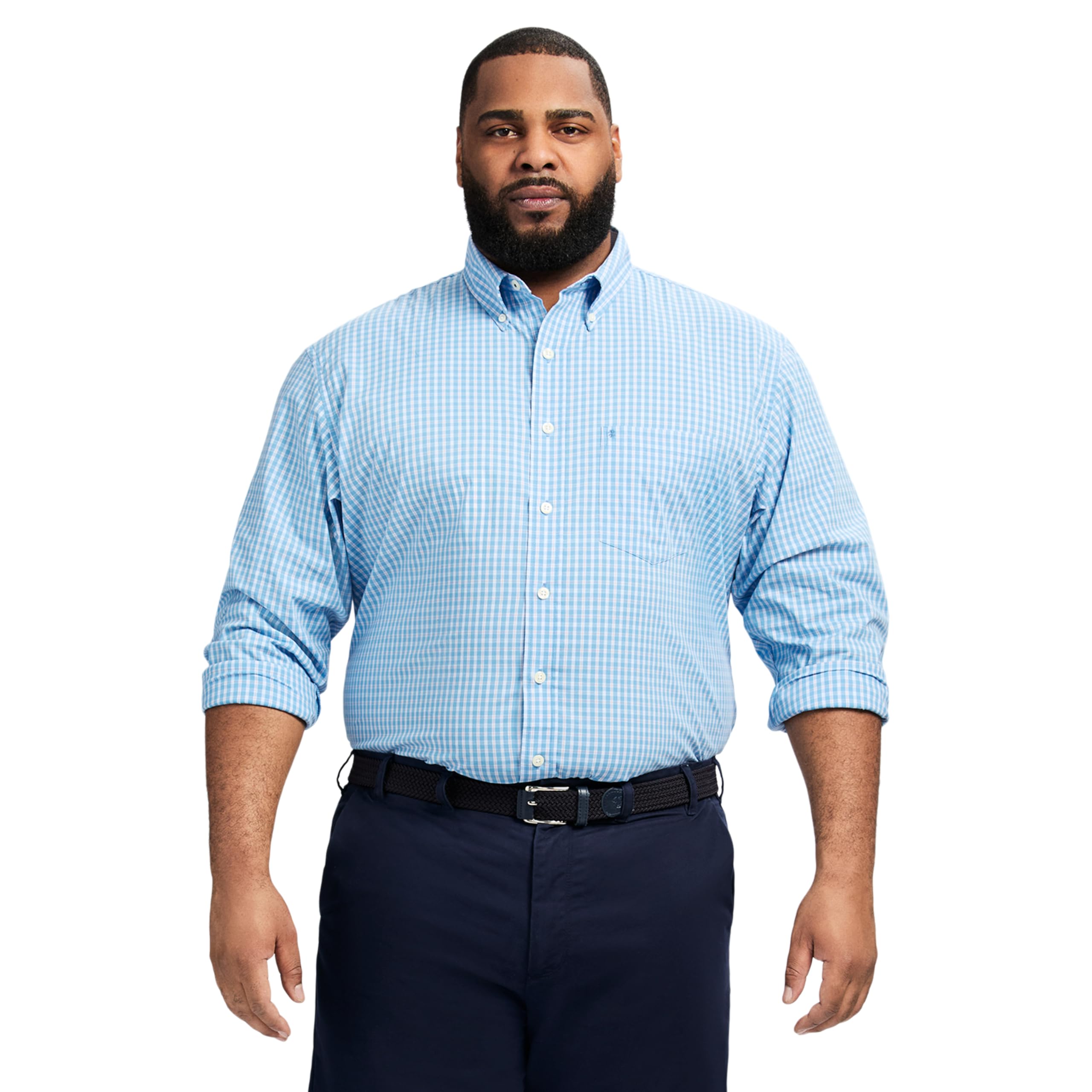 Izod Men's Big and Tall Performance Comfort Long Sleeve Gingham Button Down Shirt, Azure Blue, XX-Large Big Image