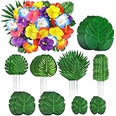 142Pcs Luau Party Decorations Fake Plant Palm Leave Monstera With Stems Hibiscus Flowers Artificial Tropical Leaves for Hawaiian Luau Safari Jungle Beach Wedding Birthday Theme Party Table Decorations