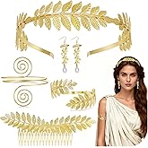 Vegolita 6Pcs Greek Goddess Costume Accessories for Women Golden Leaf Crown Headband Upper Arm Cuff Set for Halloween Wedding