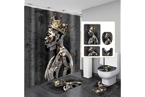 OMEBERO African American Shower Curtain Sets for Bathroom, Black Praying King Bathroom Sets with Waterproof Shower Curtain and Non-Slip Rugs Toilet Lid Cover Bath Mat, Cool Unique Man Bathroom Decor Sets