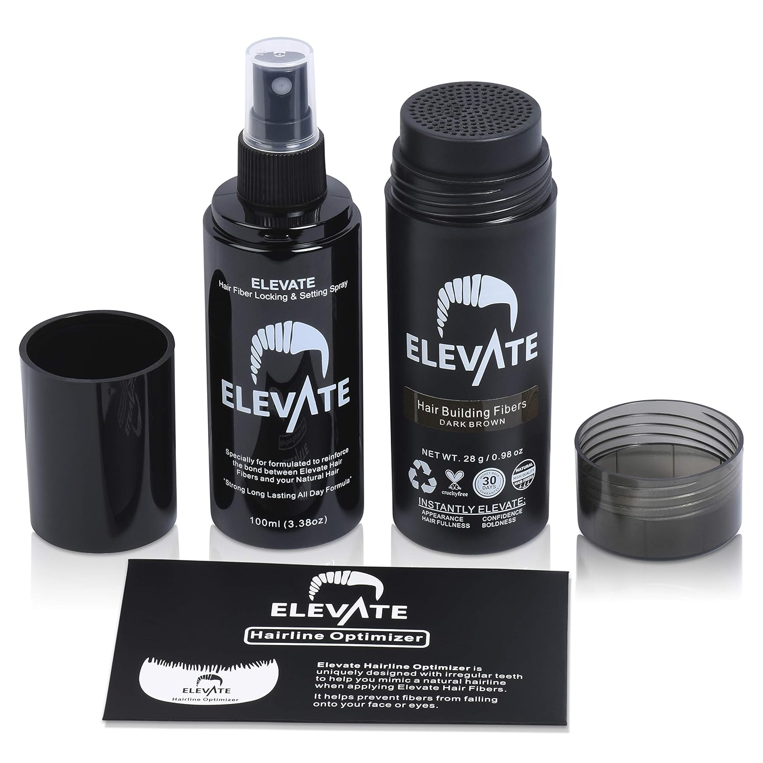 ELEVATE Hair Ultimate Perfecting 3-in-1 Kit Set Includes Natural Hair Thickening Fibers | Locking & Setting Hold Hair Spray | Hairline Optimizer Comb | Instantly Conceal & Thicken Hair (Dark Brown): Beauty