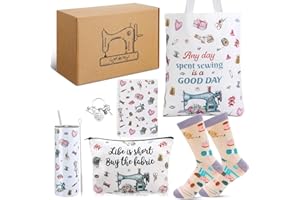 Dansydaisy 6 Pcs Christmas Sewing Quilter Gifts with 20oz Stainless Steel Tumbler Tote Bag Cosmetic Bag Socks Keychain Coil Notebook Christmas Funny Quilting Gifts for Seamstress Women Sewing Lovers