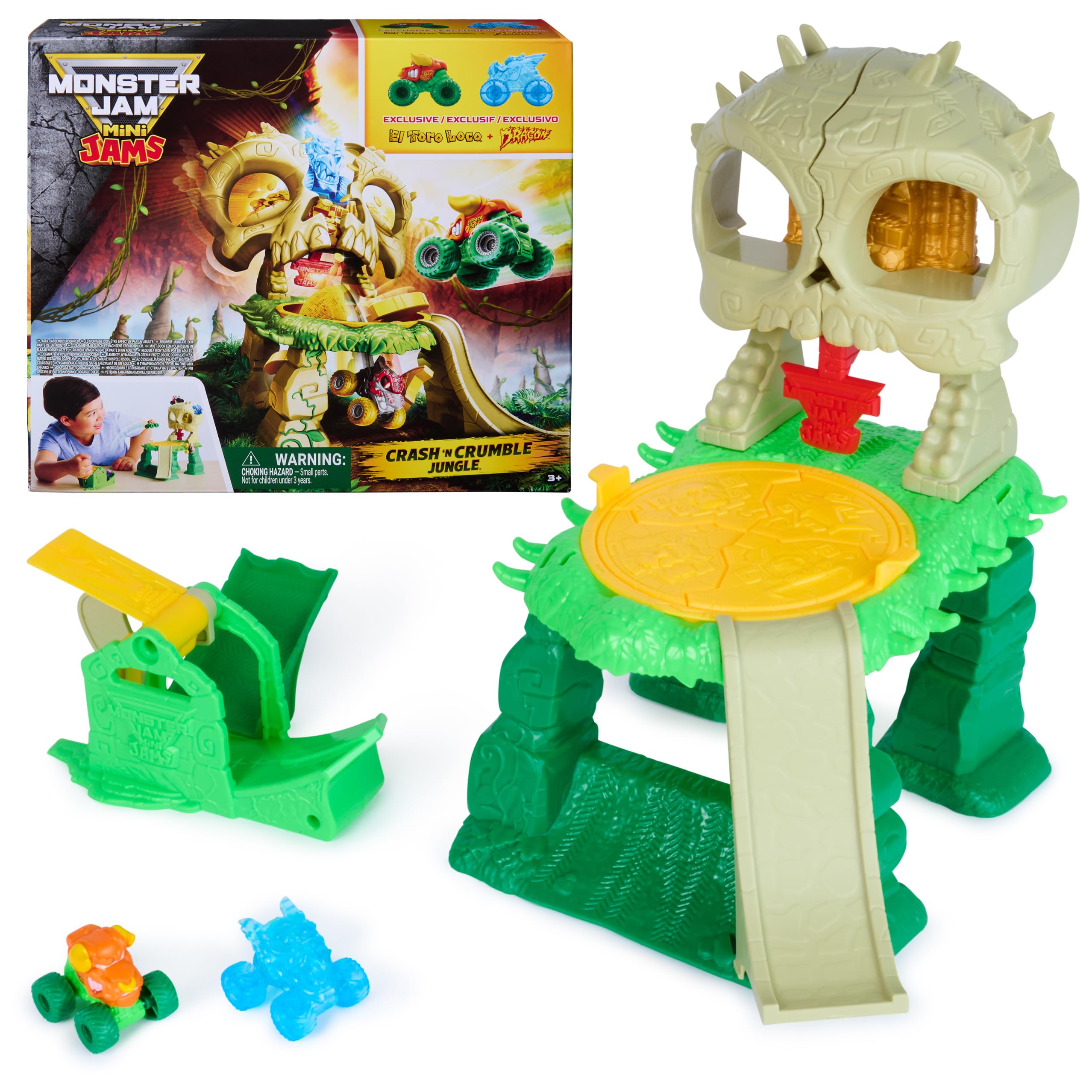 Monster Jam Mini Jams, Crash & Crumble Skull Escape Playset, 2 Exclusive Die-Cast El Toro Loco and Dragon Monster Trucks, Kids Toys for Boy and Girls Ages 3 and up