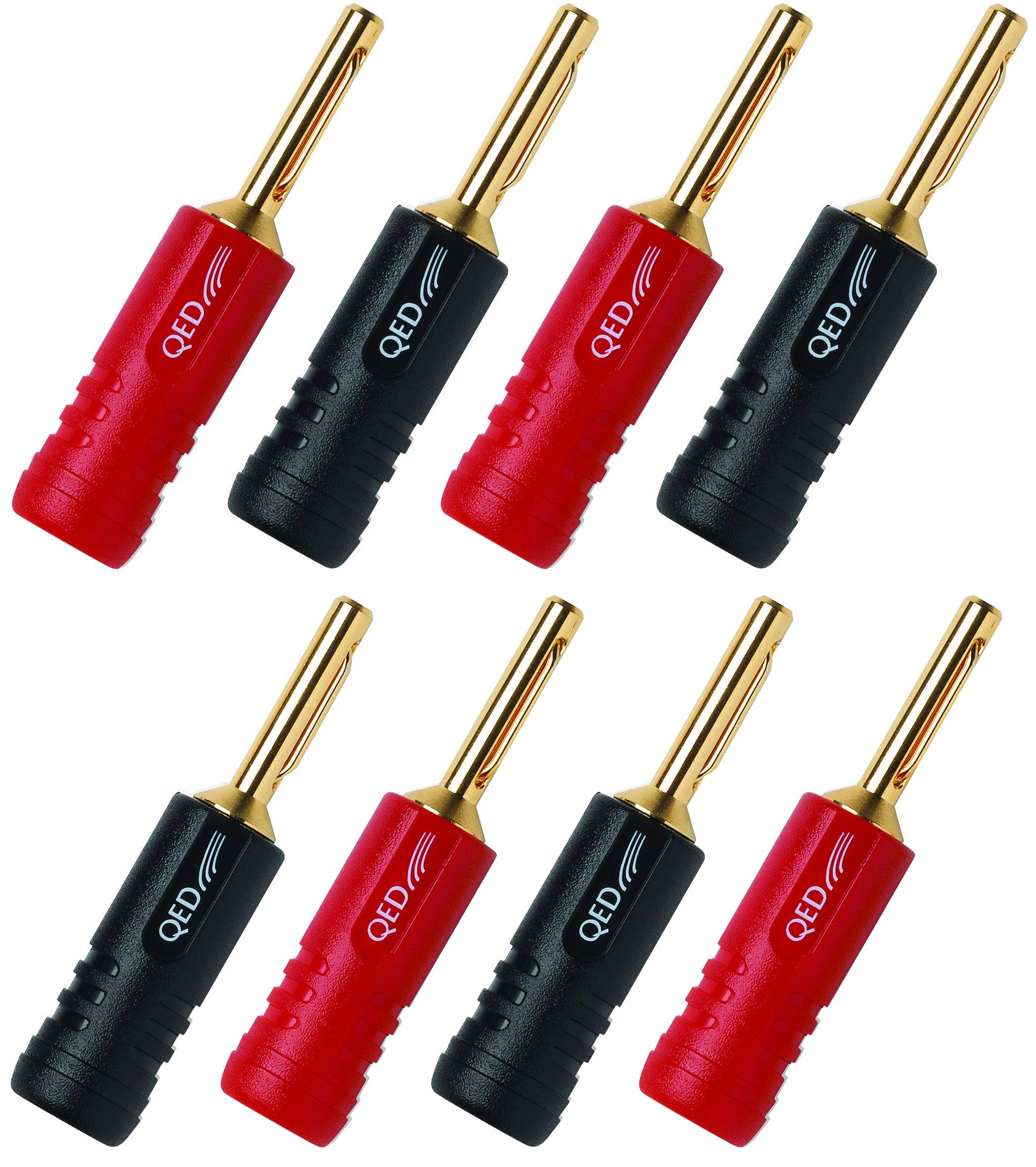 8 QED Screwloc Forte Gold Plated 4mm Banana Plugs for Speakers and Amplifiers (4 Red 4 Black)