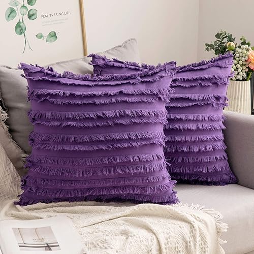 MIULEE Set of 2 Decorative Boho Throw Pillow Covers Linen Striped Jacquard Pattern Cushion Covers for Sofa Couch Living Room Bedroom 20x20 Inch Purple