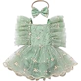ODASDO Baby Girl Floral Embroidery Tulle Tutu Princess Romper Dress First Birthday Cake Smash Outfit with Bowknot Headband