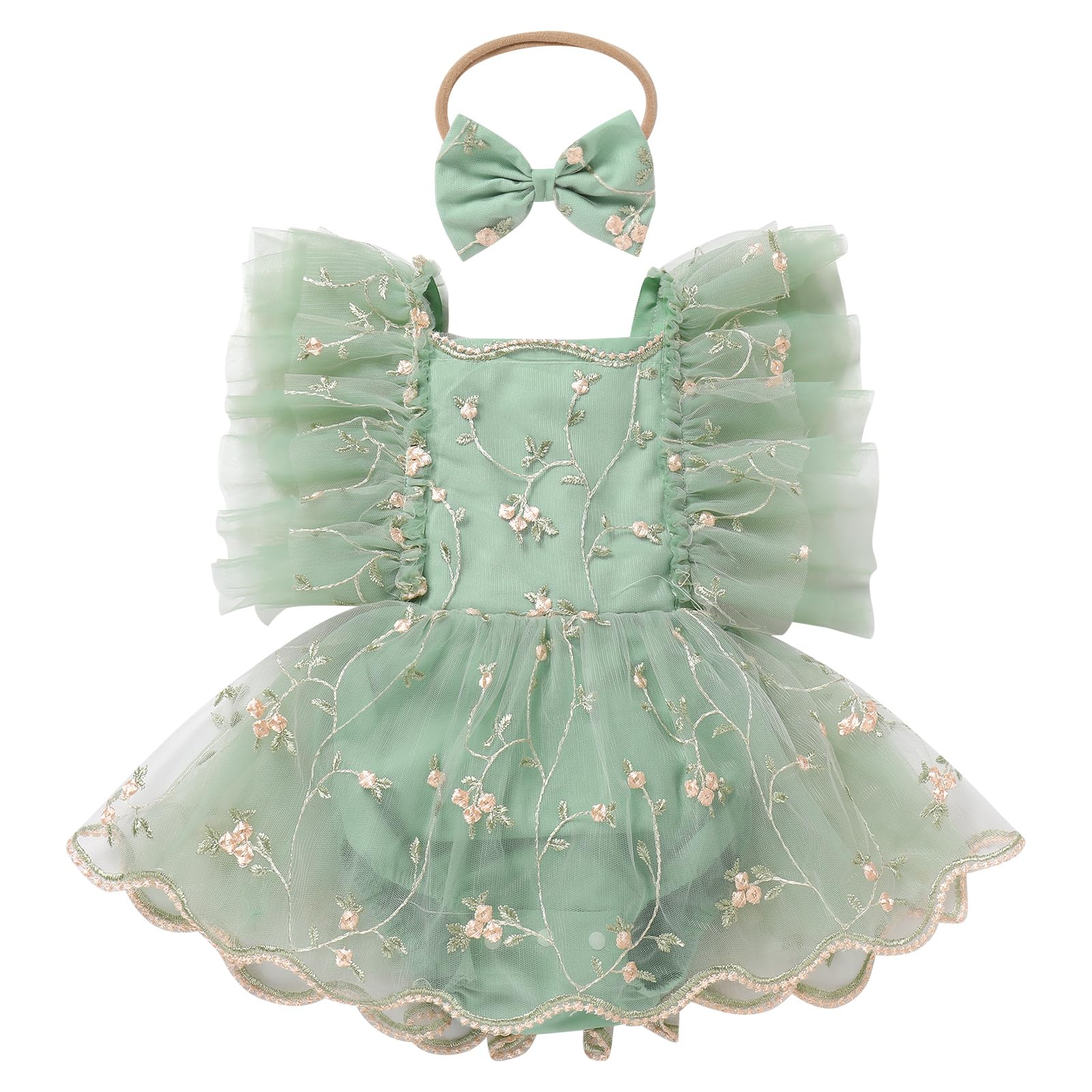 Photo 1 of ODASDO First Birthday Outfit Girl Baby Fairy Romper Toddlers Party Dress Floral Embroidery Tulle Tutu Princess Dresses 1st Half One Year Old Newborn Photo Shoot Props Summer Clothes Sage Green 12-18M