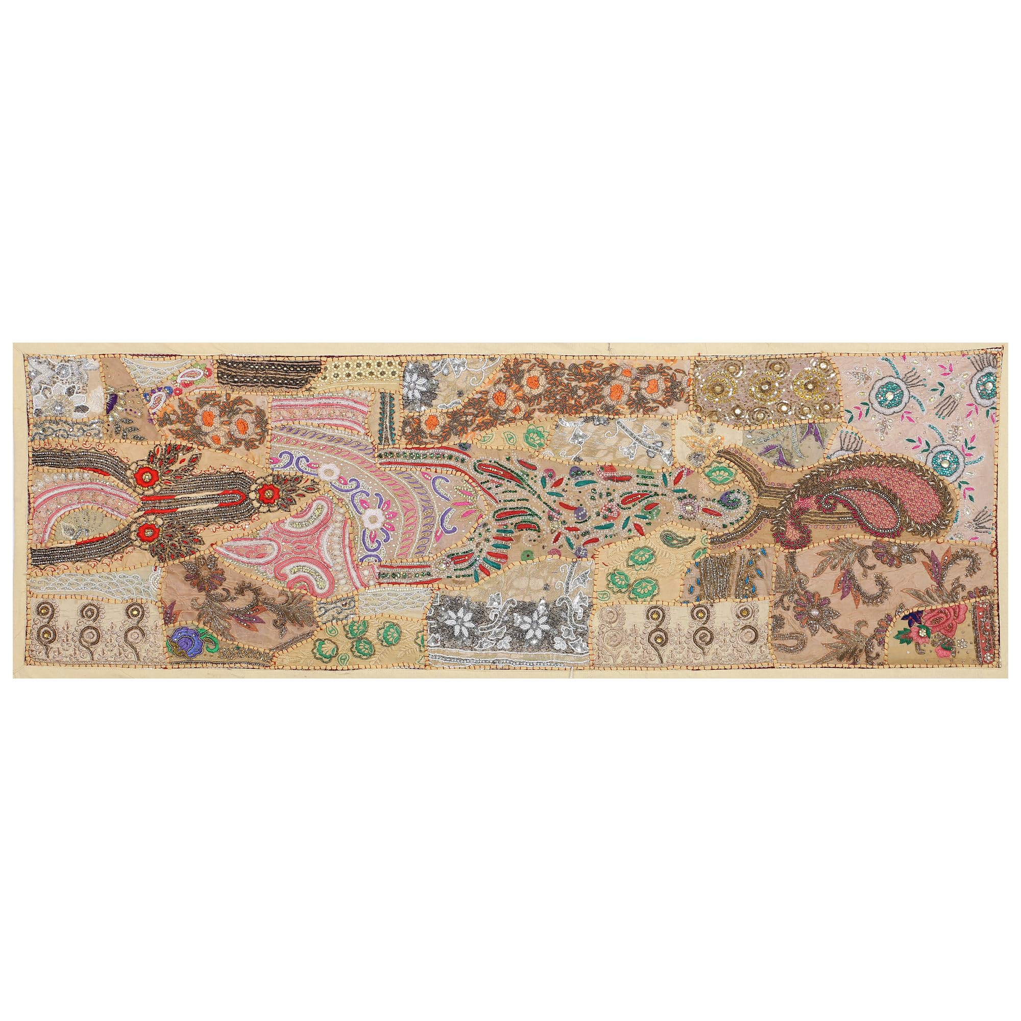 Ethnic Cotton Decorative Indian Dinning Art Table Patchwork Beads Embroidered Room Handmade Decor Cloth Table Runner (Beige, 20" x 60")
