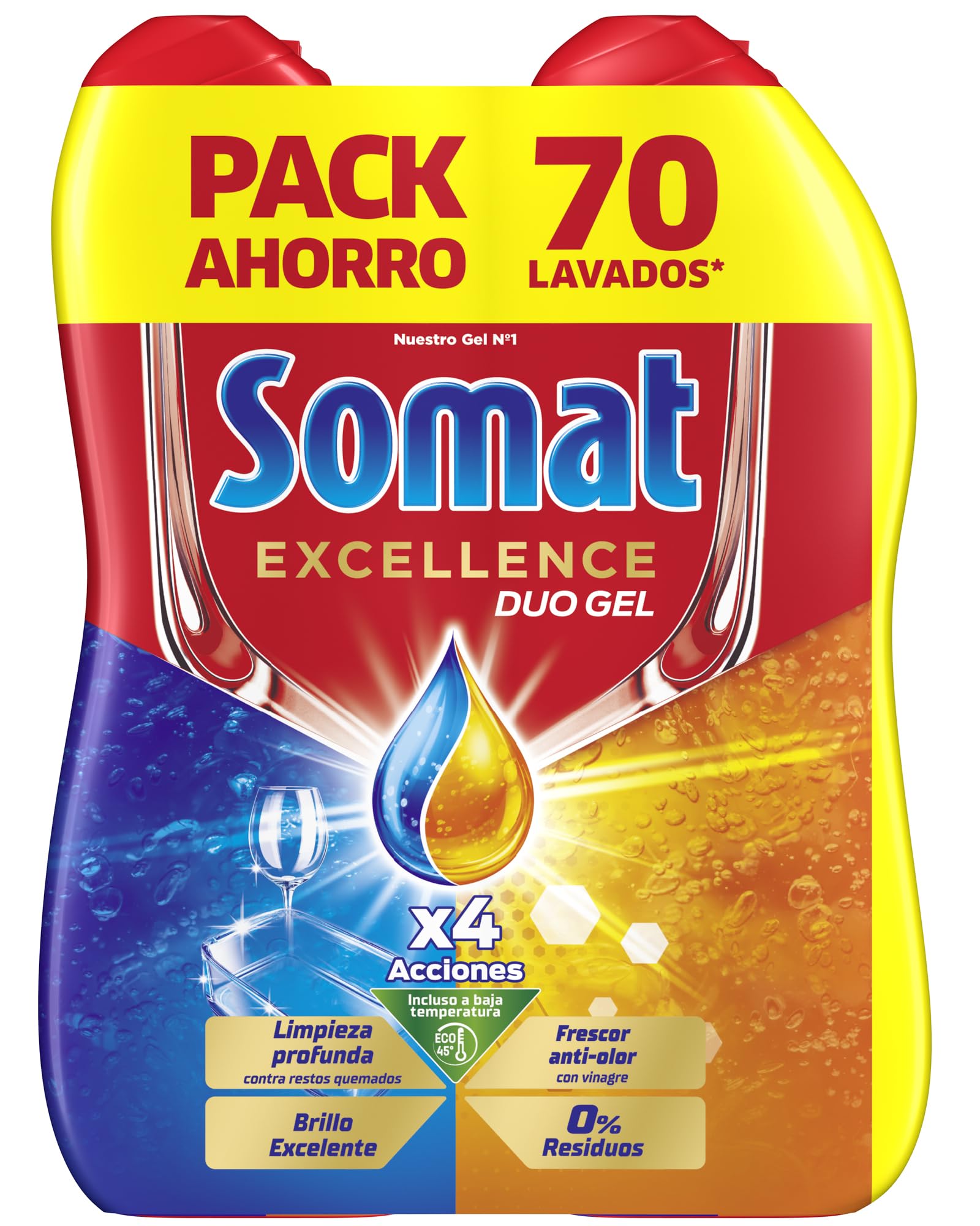 Somat Excellence Gel Frescor Anti-Odor (70 Washes), degreasing dishwashing Detergent, Automatic Liquid Dishwasher in Bottle, Dish soap with Vinegar