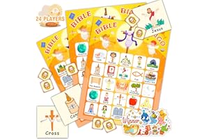 HomSeon 24 Players Bible Bingo Cards, Christian Bingo Game for Kids with Punny Stickers Jesus Religious Christian Game for Church Sunday Family Activities
