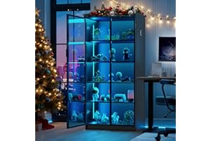 Lvifur 5 Tier Display Cabinet for Living Room, LED Bookcase with Human Body Induction Lights, 65” Tall Curio Cabinets with Adjustable Shelves for Office (Black)