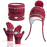Kids Winter Hat Scarf Gloves Set with Earflaps: Warm Beanie Hat, Neck Warmer & Touchscreen Gloves for Boys and Girls