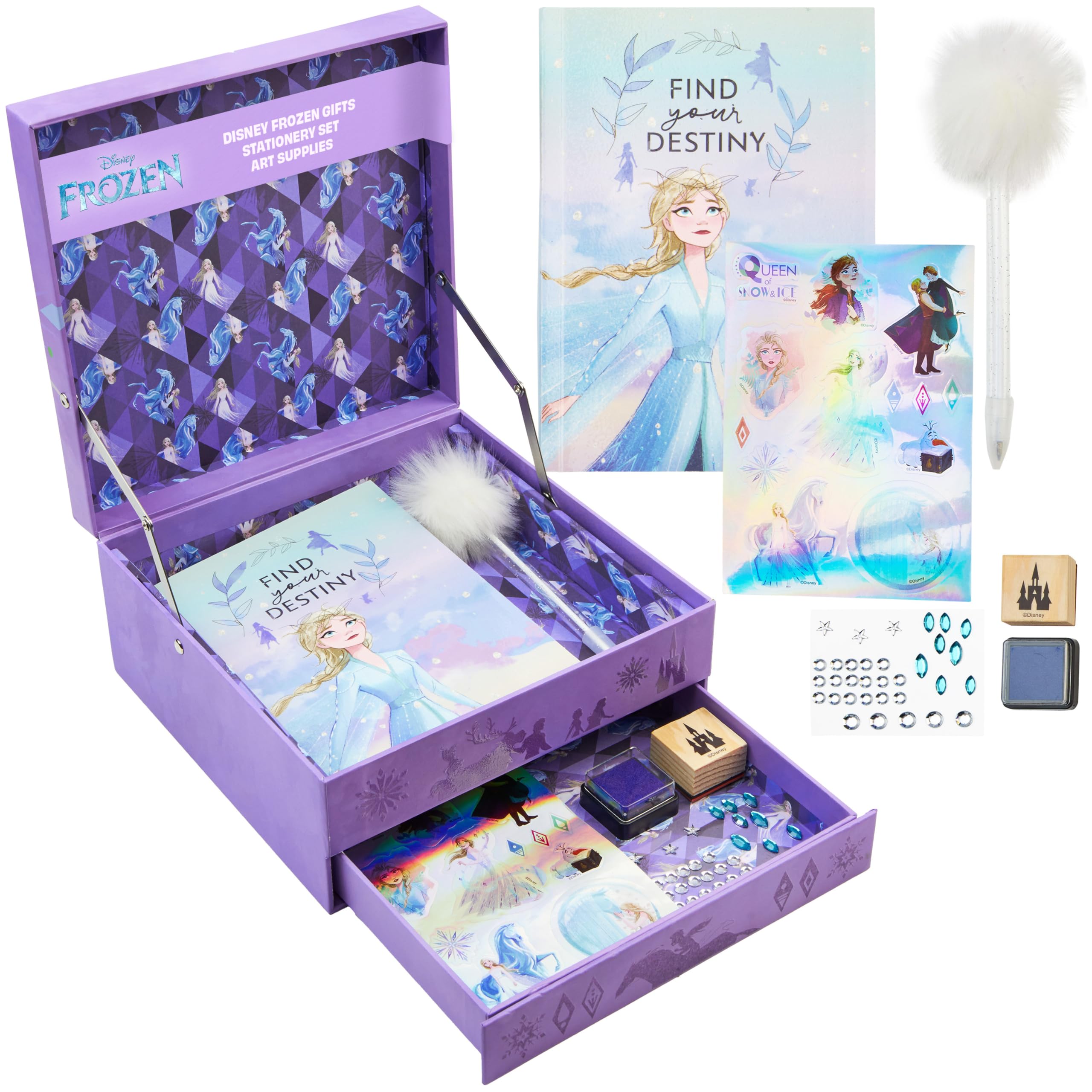 Disney Stitch Notebook Stationery Set Kids Teens Diary DIY Journal Kit with Gem Stickers Pen Stamp Craft Set Writing Drawing Stitch Gifts for Girls (Purple Frozen)