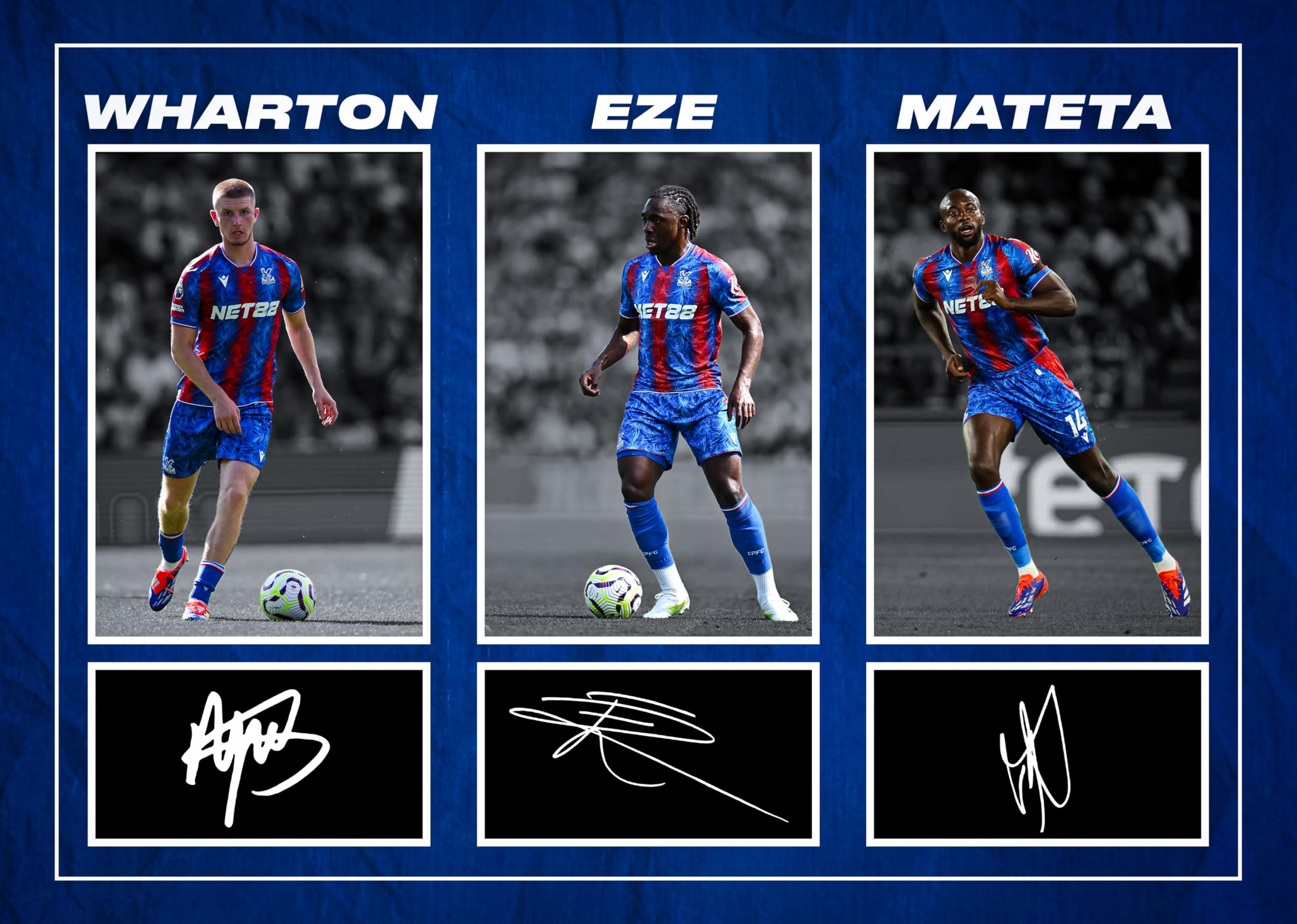 Eberechi Eze, Adam Wharton & Jean-Philippe Mateta - Crystal Palace Football Players Signed A4 Montage Autograph Photo Print With Pre Printed Signatures That Would Make A Superb Gift For Any Fan.