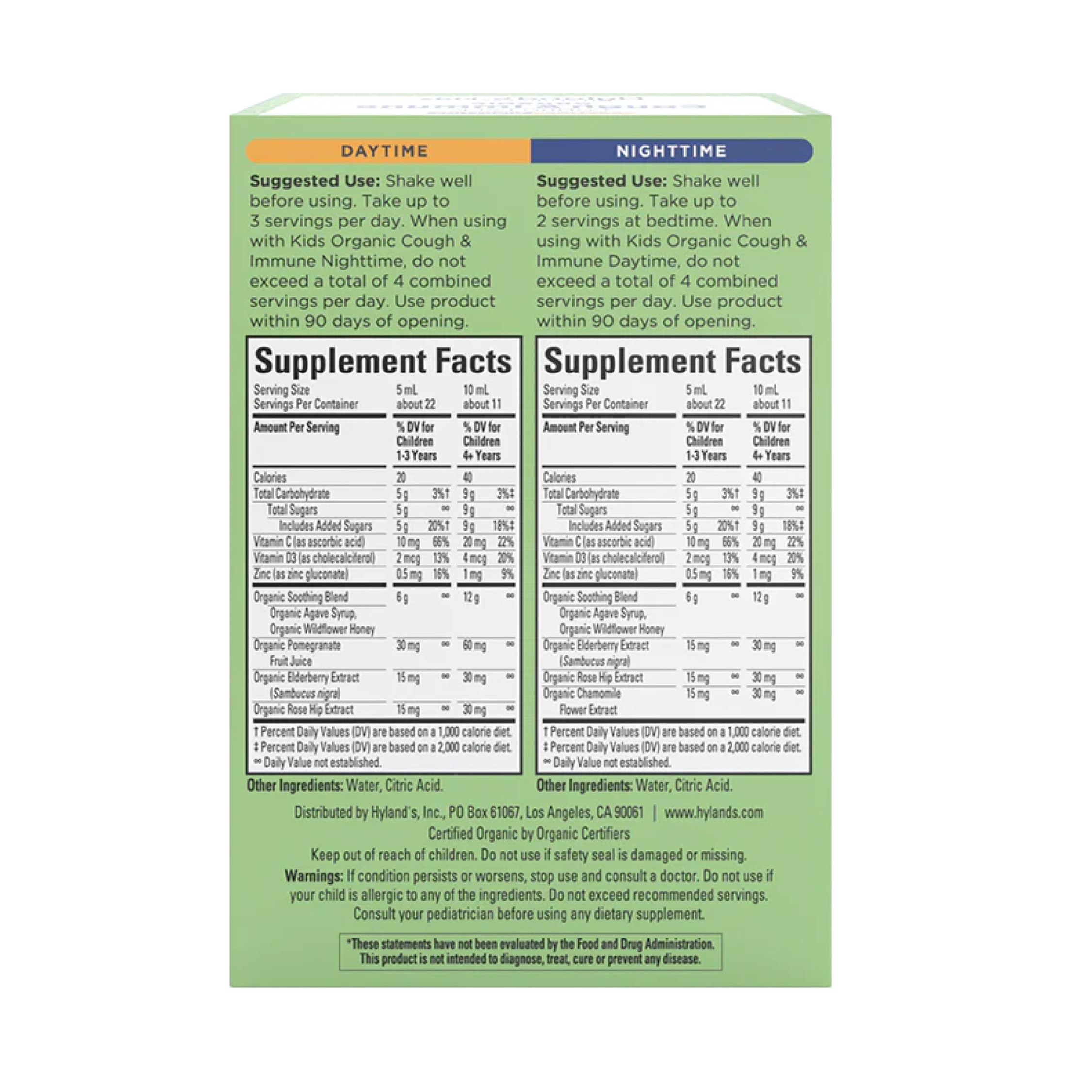 Hyland's Kids Organic Cough and Immune Day and Night Combo Pack, Eases Coughs, Supports Immunity, Promotes Sleep, Two 4 Fl Oz. Bottles (8 fl oz)