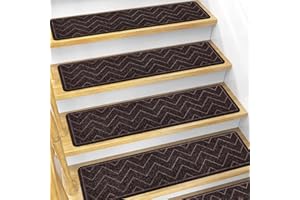DK177 Stair Treads for Wooden Steps, 15 Pack 8"x30" Non-Slip Indoor Carpet Stair Treads with Reusable Polyester TPE Backing for Kids Elders and Pets (Brown, 15PCS)