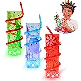 Cool Things Corp Light-Up Straw Cups for Kids (3 Pack) – LED Reusable Party Cups with Built-In Lights, BPA-Free Drinkware with Reusable Straws, Festive Christmas Peppermint, Elf & Penguin Designs