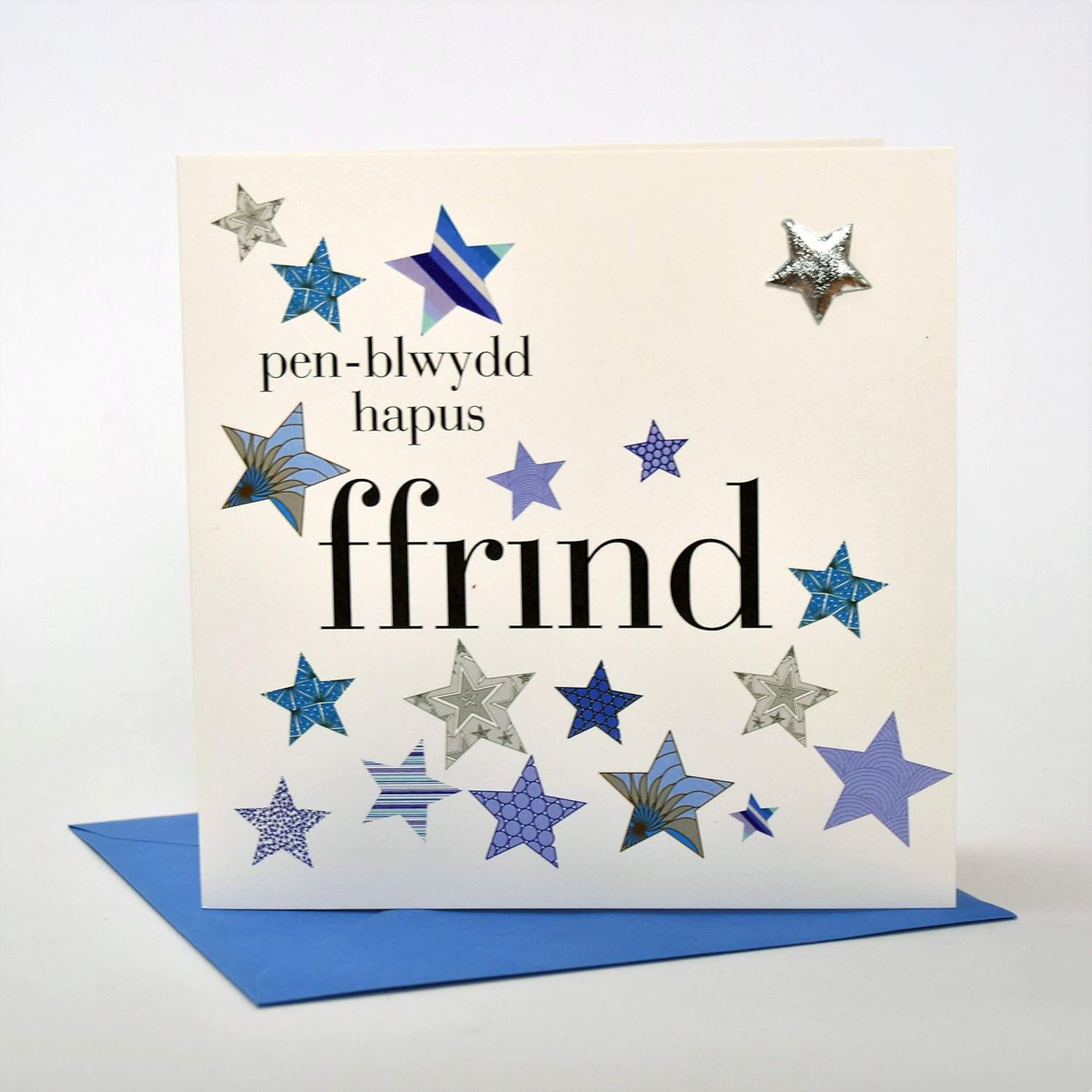 Claire Giles Greeting Cards, Welsh Happy Birthday Friend Card, Penblwydd Hapus, Blue Stars design Birthday Greeting Card - Image 3
