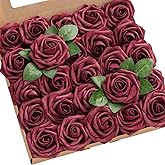 Ling's moment Artificial Flowers 25Pcs Burgundy Roses Decor w/Stems,3" Real Touch DIY Foam Floral for Wedding Bouquet/Centerpieces, Outdoors Party Backdrop, Room/Table, and Garden/Pot Decorations